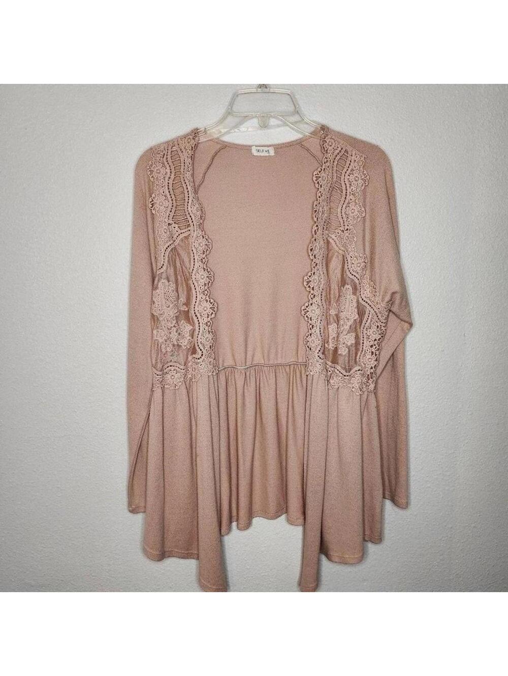 Selfie Lace Trim Cardigan Open Front Peplum Pink Top Size S